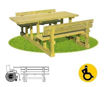 TAVOLO PICNIC con prolunga per disabili su carrozzina e n.02 sedute con spalliera
