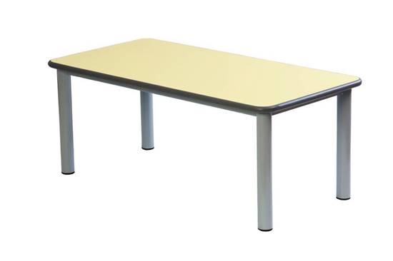 Tavolo rettangolare per scuola materna con struttura in acciaio e piano in legno con bordo in gomma