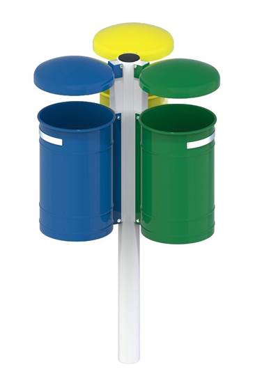 CESTINO TERMINAL per raccolta differenziata con n.3 cestini e palo centrale con tettucci ribaltabili 